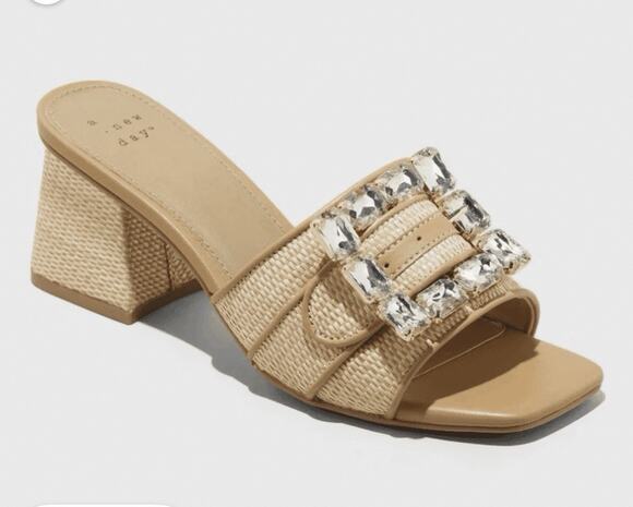 a new day Shoes - A New Day Rhinestone Buckle Block Heel 6 Slide Sandals Beige Women’s